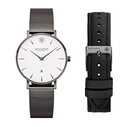 Kistanio Petit Damenuhr mit Saphirglas und Milanaiseband + Extra Lederband GM-WH-M-L-BK