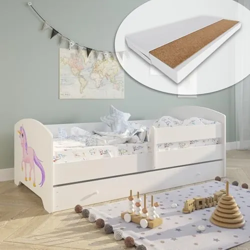 Kids Collective Kinderbett 80x160 cm mit Matratze und Schublade - Kleinkindbett mit Rausfallschutz und Einhorn Design, inklusive Kaltschaum-Matratze und praktischer Schublade für Ordnung im Kinderzimmer.