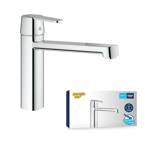 GROHE Get, Küchenarmatur, 140° schwenkbar, hoher Auslauf, Hochdruck | Wasserhahn für die Küche, Durchflussbegrenzer, werkzeugfreie Spülbecken-Montage (chrom, 30196000)