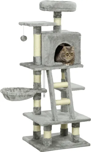 PawHut Katzen Kratzbaum 132 cm mit Höhle und Hängematte - Aktivitätskratzbaum für Katzen bis 4,5 kg, ausgestattet mit Sisalseil-Kratzpfosten und weichem Plüsch für ultimativen Komfort und Spielvergnügen.