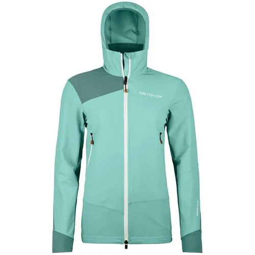 Ortovox Pala Hooded Jacket Women Aquatic Ice (L) - Funktionsjacken für Alpinklettern, extrem abriebfest mit 4-WEGE-Stretch für maximale Bewegungsfreiheit und atmungsaktiv durch merinowolle Innenmaterial.