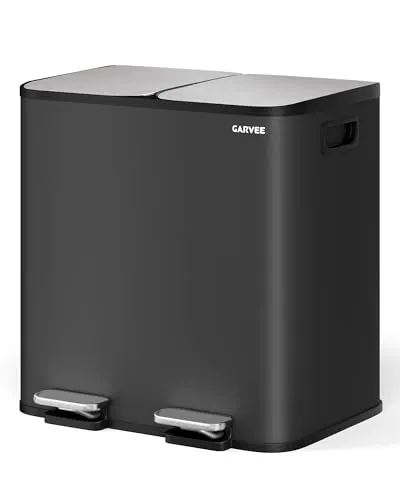 GarveeHome Mülleimer Küche, Mülleimer 2 fächer, Mülltrennsystem 2 x 15 Liter, Tretmülleimer mit Edelstahldeckel, Softclose-Deckel mit Inneneimer für Recycling und Restmüll, Schwarz