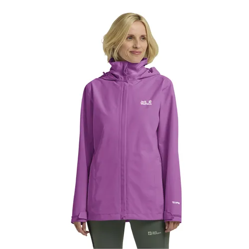 Jack Wolfskin Trailtime Regenjacke für Damen, Größe M, violett - Die TRAILTIME 2L JACKET bietet optimalen Wetterschutz und Tragekomfort auf jedem Trail. Mit wasserdichter TEXAPORE CORE Membran und Fair-Wear-Zertifizierung ist sie ideal für wechselhafte Wetterbedingungen.