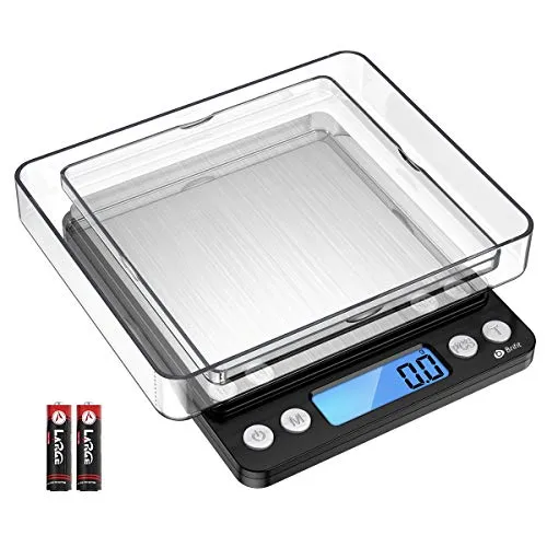 AMIR Digitale Küchenwaage 3kg, Electronische Waage, Hohe Präzision auf bis zu 0,1g, Briefwaage mit Tara-Funktion, Stückzählung Funktion, LCD-Display, Großer Edelstahl Wiegefläche, Inkl Batterien