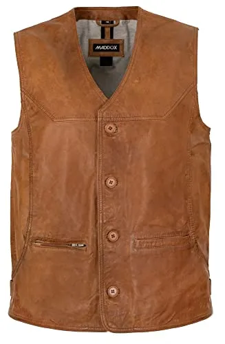 Maddox Herren Echtleder Weste Lammnappa Cognac Größe 58 - Klassische Herrenweste aus weichem Lammnappa mit 100% Baumwolle im Innenfutter. Praktische Taschen und Knopfverschluss sorgen für Stil und Funktionalität im Alltag.