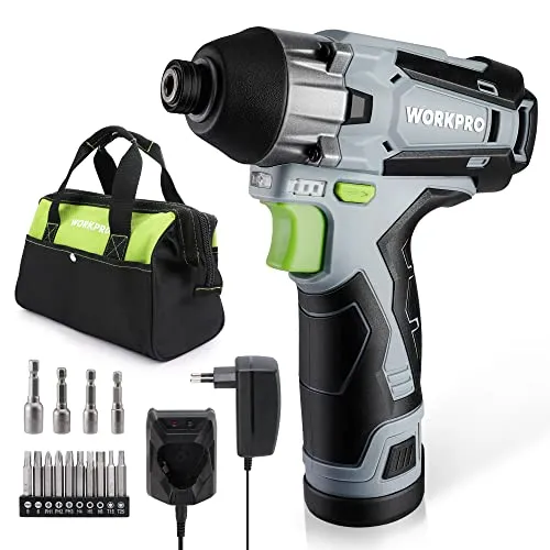 WORKPRO Akku-Schlagschrauber, 12V Schlagschrauber 100 Nm 2000 U/min, 1/4”Spannfutter, mit 2,0 Ah Akku und Ladegerät, 14 Zubehör und Werkzeugtasche, LED Licht, zum Schrauben und Schlagschrauben