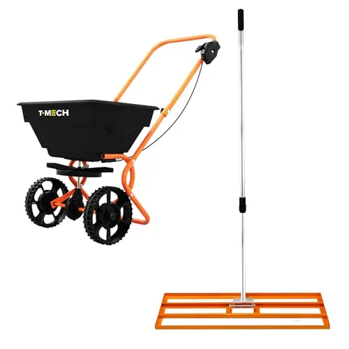 Rasennivellierer & Rotationssteuer, Dünger, Garten-Nivellierer, 100 cm x 32 cm, orange, abnehmbarer ausziehbarer Griff, 1,15–1,9 m, 25 kg Kapazität, Salz, Splitt, Sand, Regenschutz und Handschuhe