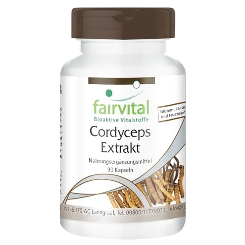 fairvital Cordyceps Extrakt 500mg, 90 Kapseln, schluckfreundlich, HOCHDOSIERT, Cordyceps Sinensis (Raupenpilz), 40% Polysaccharide, VEGAN