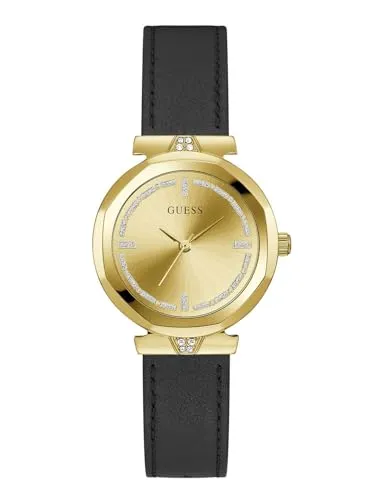 GUESS Damen Uhr Rumour GW0689L2 - Elegante Armbanduhr - Armbanduhren für Damen: Stilvolle GUESS Rumour Uhr mit goldfarbenem Edelstahlgehäuse und schwarzem Lederarmband, verziert mit Steinchen und in edler Geschenkbox.