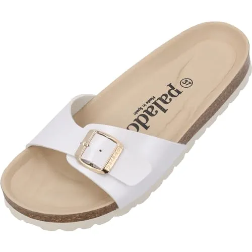 Palado Pantoletten Damen Malta BE Metallic – gefertigt aus pflegeleichtem, metallisch glänzendem Material – helle Veloursleder-Decksohle – eleganter Look – Weichfußbett Weiß UK9 - EU42