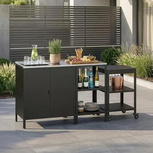 Outdoorset 'Bolognano' - 3-tlg. Gartenmöbelset in Schwarz, matt - Gartenschränke - Perfekte Ergänzung für Garten oder Terrasse mit witterungsbeständigem Schrank, Regal und Servierwagen für optimalen Stauraum und Komfort.