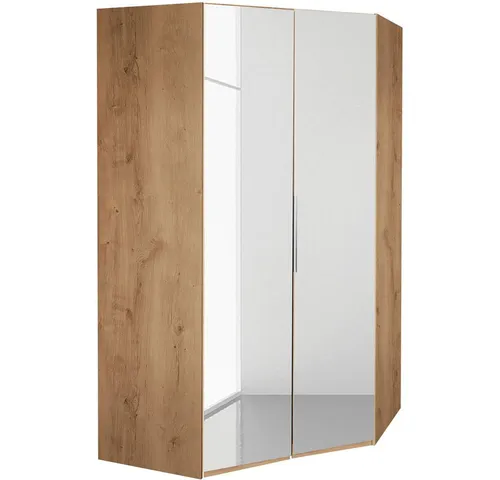 Wimex Eckschrank Level (2 Spiegeltüren, mit 8 Einlegeböden, 1 Kleiderstange, Beleuchtung, 1-St., moderne Optik, 2-türig, mit Metallgriffe in chromfarben) 120x120cm Plankeneiche Spiegel