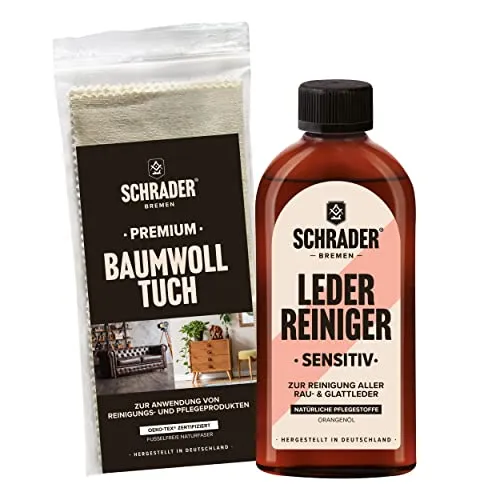Schrader Leder Reiniger sensitiv Set - Reinigungsmittel für raues & glattes Leder mit Poliertuch - 2-teilig - Made in Germany