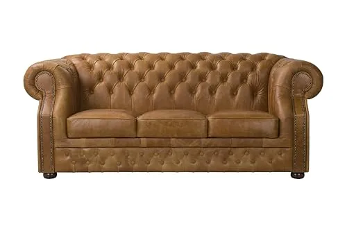 ROYALSOFA Sofa Chesterfield Manchester 3-Sitzer, Ledersofa mit Knopfheftung, Holzrahmen & Gepolsterten Armlehnen, Pflegeleichte Couch, Loungesofa für Wohnzimmer, Büro, Kanzlei & Hotel, Carmel