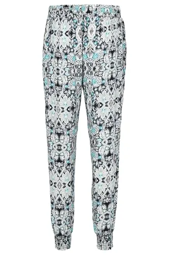 Easy Young Fashion Damen Sommerhose - Florale Freizeithose mit elastischem Bund - Lange Boho Hose - Strandhose Stoffhose aus Baumwolle 777 - (Türkis-Schwarz)