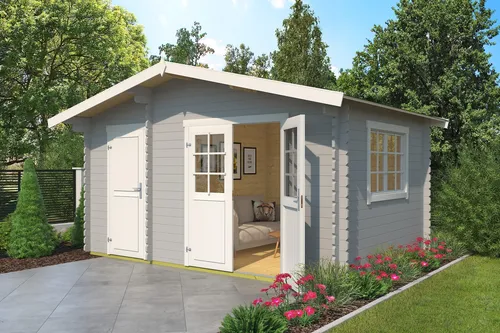 Gartenhaus Outdoor Life Keila inkl. Fußboden - 475,9 x 350 cm - Hochwertiges Gartenhaus mit Satteldach, hellgrau lackiert und inklusive Fußboden, ideal für Gartenlagerung und Freizeitgestaltung.