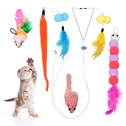 Laughhe 6 Stück Katzenspielzeug Selbstbeschäftigung - Hängende Türrahmen, Federn Set, Interaktives Spielzeug Mit Mäusen für Katzenauslauf Und Gegen Langeweile