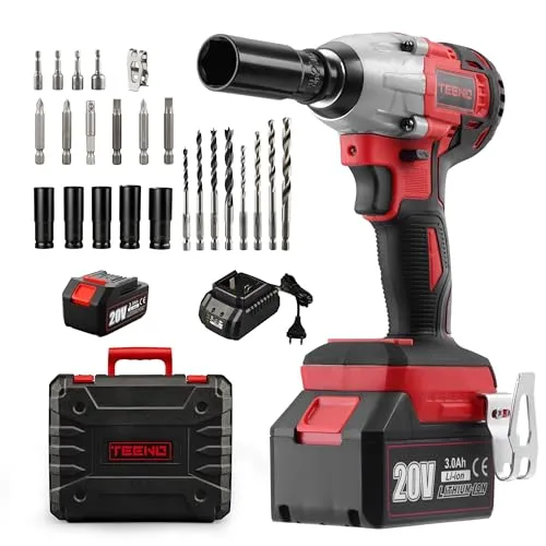 TEENO Akku-Schlagschrauber bürstenlos, 320 Nm mit 3,0 Ah Akku, Radbolzen, Box mit 25 Zubehörteilen