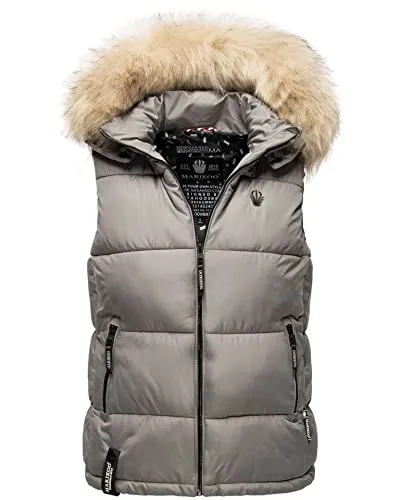 MARIKOO Damen Winter Weste mit Kapuze und Fellkragen B896 - Funktionsjacken mit weichem Obermaterial im trendigen Steppdesign, großen Fellkragen und praktischen Reißverschlusstaschen für optimalen Komfort.