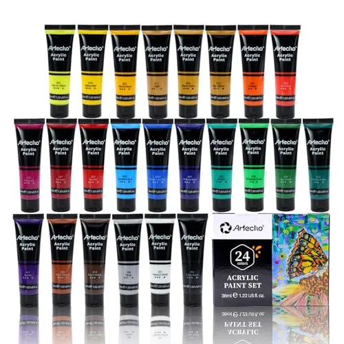 Artecho Acrylfarben Set 24 x 36 ml, Acrylic Paint Set, Wasserfest und Lichtecht, Schnell Trocknend, ideal für Leinwand, Papier und Stoffe, Geschenke zu Weihnachten und anderen Feiertagen