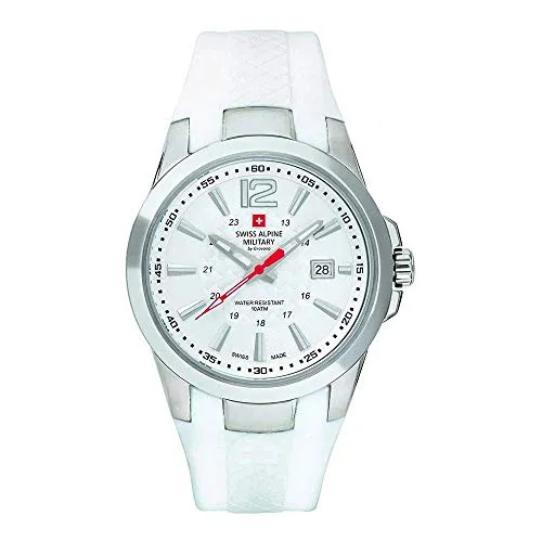 Swiss Alpine Military by Grovana Herrenuhr 70581833 - 10ATM Swiss Made - Armbanduhren für Herren mit 10ATM Wasserdichtigkeit, elegantem weißen Ziffernblatt und robustem Silikonband für den aktiven Lebensstil.