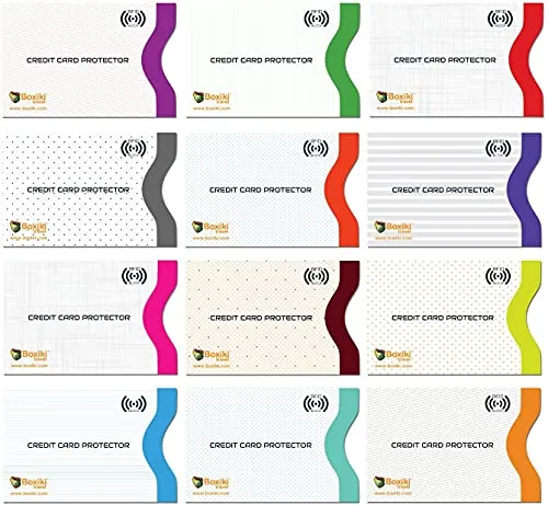 Set mit 12 RFID-Blockierungshüllen von Boxiki Travel. Beste Möglichkeit, Ihre Karten vor elektronischem Diebstahl zu schützen. Robustes, leichtes und kompaktes Design