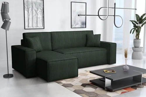 Emoebel24 Ecksofa mit Schlaffunktion und Bettkasten L-form 244x142x83 cm Denis Dunkelgrün