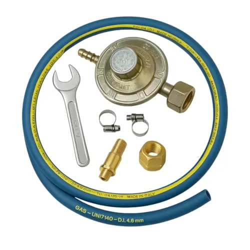 Lemag srl LPG-Gasregler-Set 30 mbar – komplett mit 2 m Schlauch, Schlauchschellen, Gasschlüssel und Anschluss W20 x 1/4 Zoll – für den Hausgebrauch und Camping