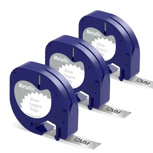 3er-Pack Etikettenband Kompatibel mit Dymo Letratag Etikettenband 12mm x 4m Metallic Silver Plastik Kompatibel mit Dymo LetraTag LT-100H,200B,XR,LT-110T,QX50,2000,XM Wasserfest UV Beständig