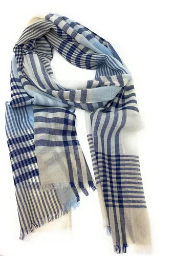 90%Wolle 10%Kaschmir Leicht Übergröße Schal - Blau & Weiß Kariert - V3