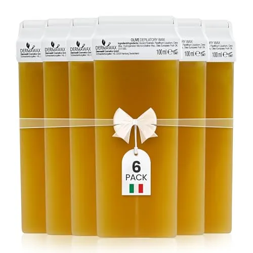 DERMAWAX Olive Wachspatronen 6x 100 ml Roll-On Wax Nachfüllset - Warmwachs für empfindliche Haut- ideal für Achseln Beine Rücken Arme & Brust – Cremige Konsistenz (600 ml, Oliven)