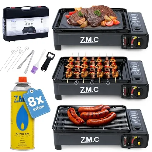 ZMC 2in1 Gasgrill & Campingkocher – tragbarer Tischgrill mit Piezo-Zündung - Campingkocher und Grill in einem, ideal für Outdoor, Balkon oder Garten. Inklusive 8x Gaskartuschen und umfassendem Zubehör für sofortigen Einsatz.