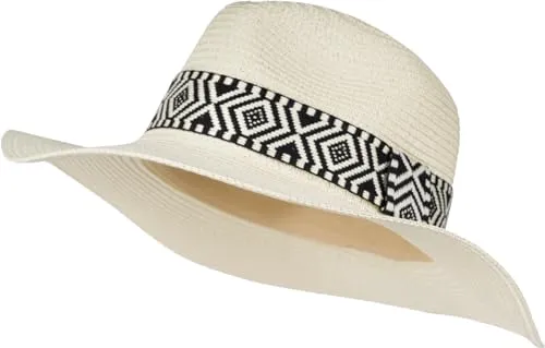 styleBREAKER Damen Panama Sonnenhut Einfarbig mit Stoff Hutband mit Azteken Muster, Strohhut, Schlapphut, Sommerhut, Fedora Hut 04025046, Farbe:Creme