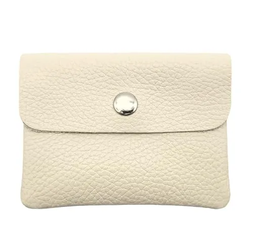 Mini Geldbörse Leder Made in Italy | Echtes Rindleder | Kompakt 11x8,5cm | 50g leicht | 3 Fächer | Druckknopf | Damen Herren | Münzfach Scheinfach | Portemonnaie (Cremeweiß)