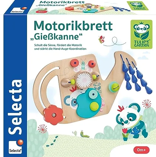 Selecta 61075 Tulips Garden Motorikbrett Gießkanne - Sortier- & Stapelspielzeug, fördert motorische Fähigkeiten mit vielseitigen Dreh- und Schiebeelementen, ideal für Babys und Kleinkinder ab 0 Monaten.