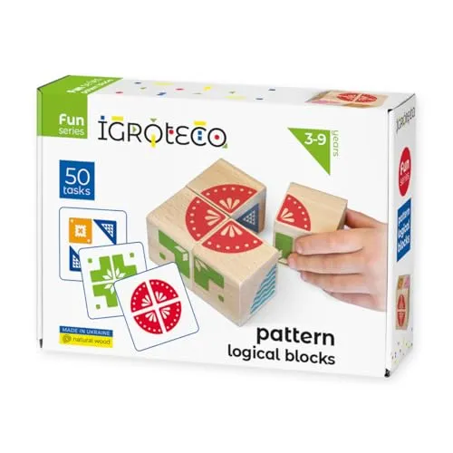 Igroteco® Logische Holz-Würfel Muster Legen – Kreatives Lernspiel für Kinder ab 3 Jahren, 4 Würfel und 50 Aufgaben – Pädagogisches Spielzeug für zu Hause und Kindergarten