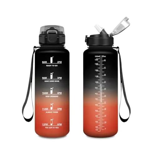 Sportflasche 1.5L, Sport Trinkflasche mit Strohhalm, Kohlensäure Geeignet, Wasserflasche Auslaufsicher mit Zeitmarkierung, Trinkflasche Sport für Fitness, Gym, Fitnessstudio, Sprudel, Camping