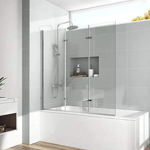 EMKE Duschtrennwand für Badewanne 130x140 cm - Duschkabinen & -wände: Faltbare Duschwand aus 6 mm Sicherheitsglas mit mattschwarzem Aluminiumrahmen, bietet eleganten Spritzschutz und einfache Reinigung dank Nanobeschichtung.