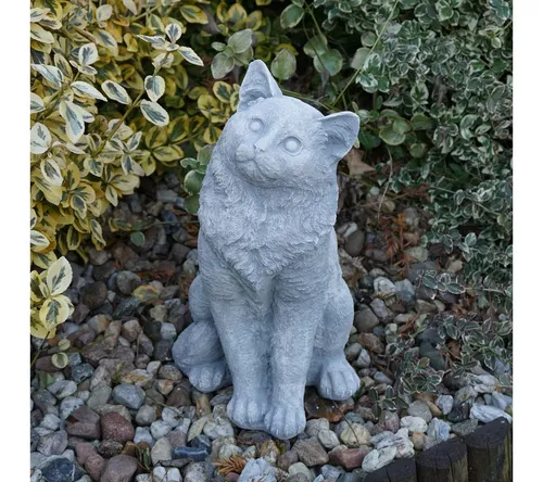 Gartenfigur Sitzende Katze, H. 40 cm - Gartendekoparadies - Figuren für Garten und Haus, frostbeständig und ausdrucksstark mit neugierigem Blick – ideal für Katzenliebhaber!