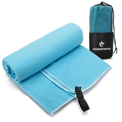 Legendwerk® Mikrofaser-Badetuch HELLBLAU 160x80 cm – leicht & saugstark – perfektes Gym- und Strandhandtuch – mit Druckknopfschlaufe & Tasche – stylisch & kompakt für unterwegs