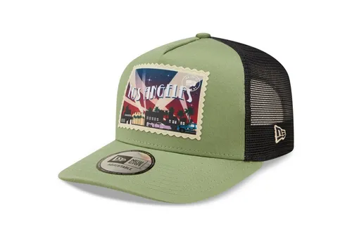 New Era Trucker Cap AFrame POSTCARD Los Angeles grün - Stylische Trucker Cap in Jade mit 100% Polyester-Krone und Baumwollschirm. Ideal für trendbewusste Looks und den perfekten Outdoor-Einsatz.