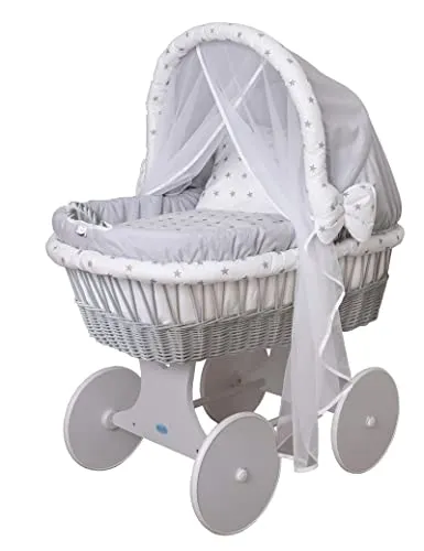 waldin Stubenwagen-Set mit Ausstattung XXL, Bollerwagen, Komplett,Gestell/Räder grau lackiert,Stoffe grau/Sterne-grau