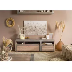 TV-Board Akazie 180x48x55 beige lackiert Amsterdam #125 - TV-Lowboard aus massivem Akazienholz, bietet viel Stauraum mit 2 offenen Fächern, ideal für ein modernes Wohnzimmer.