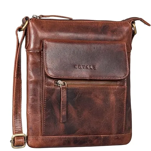 ROYALZ 'Florence' Moderne flache Lederhandtasche Damen Echtleder klein Umhängetasche flach elegante Vintage Handtasche Schultertasche, Farbe:Roma Cognac Braun