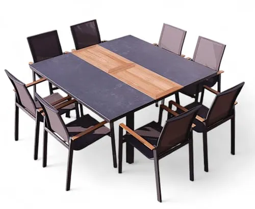 ALEOS Gartengarnitur Teak Set mit Ausziehtisch und 8 Stapelstühlen - Elegantes Essset für die Terrasse mit einem quadratischen Ausziehtisch (150x110cm, ausziehbar auf 150x150cm) und 8 stapelbaren Stühlen aus nachhaltigem Teakholz.