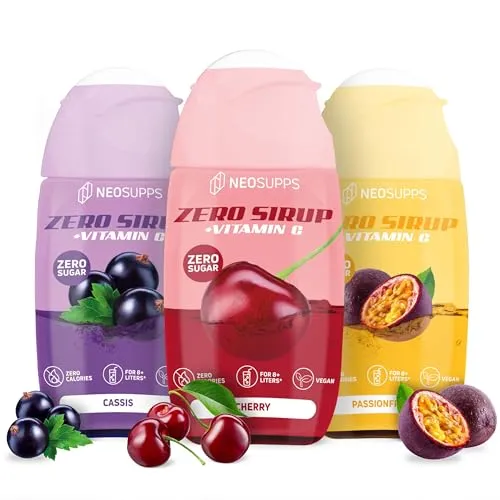 Neosupps Zero Sirup 3er Bundle – Cherry, Passionfruit & Cassis – 3x 65 ml natürlicher Getränkesirup mit Vitamin C, 1x Flasche ergibt 8 L Fertiggetränk, Zero Kalorien & zucker, Fertiggetränk