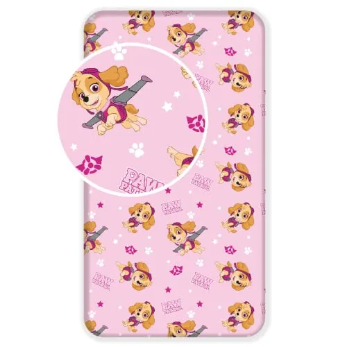 Paw Patrol Spannbettlaken Betttuch mit Skye in Rosa, Hunde, 90 cm x 200 cm + 25 cm 100% Baumwolle für Kinder