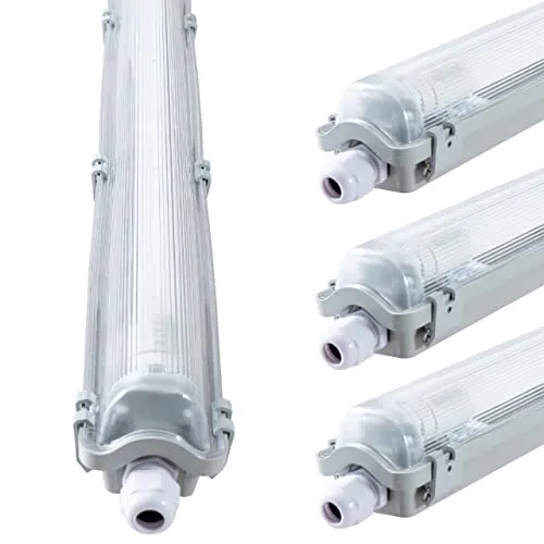 proventa IP65 LED-Feuchtraumleuchte 120cm mit 18W LED-Röhre 2.160 Lumen Klappdeckel Steckklemme Kabeleinführung bis NYM-J 3x2,5mm² - Sparset 4x