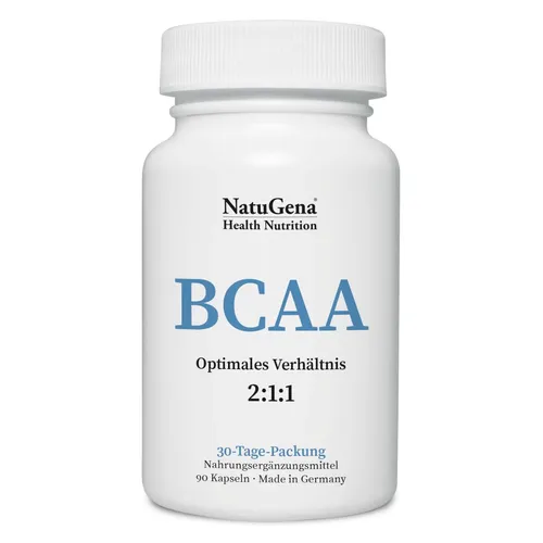 NatuGena BCAA 90 Kapseln - Vegane essentielle Aminosäuren - Nahrungsergänzungsmittel mit BCAAs im optimalen 2:1:1-Verhältnis, unterstützt den Proteinstoffwechsel und ist 100% vegan und rein.