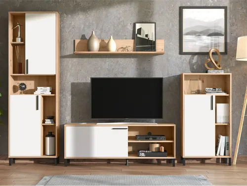 Homestyle4u Wohnwand CANTAL 4-tlg. in Weiß - Moderne Anbauwand (4-teilig) aus pflegeleichtem Holzwerkstoff, ideal für stilvolle Wohnräume und bietet viel Stauraum.
